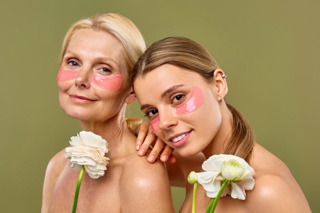 Skincare with undereye patches, flowers, cosmetics, bonding, hydration, relaxation, wellness